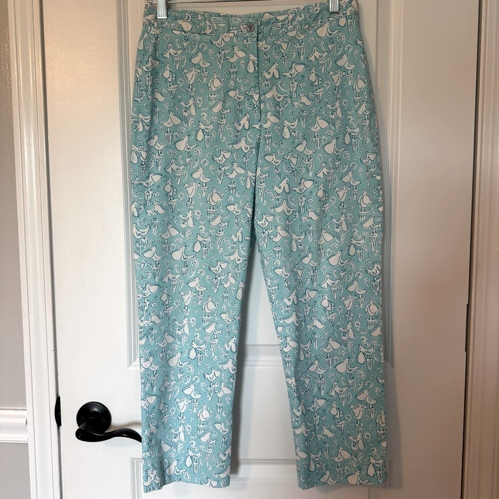 Lilly Pulitzer Turquoise with White Pelican Pattern Cropped Size 6 Pants